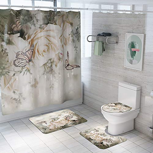 4Pcs Flower Shower Curtains Sets with Rugs Polyester Bathroom Shower Curtains Lid Toilet Cover Bath Mat Rug with Hooks Bathroom Accessory Sets 70"x70"(Roses and Butterflies)