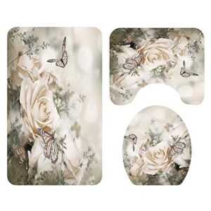 4Pcs Flower Shower Curtains Sets with Rugs Polyester Bathroom Shower Curtains Lid Toilet Cover Bath Mat Rug with Hooks Bathroom Accessory Sets 70"x70"(Roses and Butterflies)