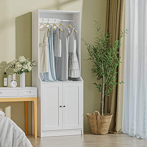 Cozy Castle Open Wardrobe Closet with 2 Doors, Clothing Garment Rack for Bedroom, Hall Tree Entryway Storage, 27.6" W x 15.7" D x 75.6" H, White