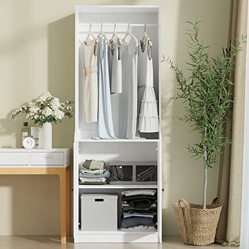 Cozy Castle Open Wardrobe Closet with 2 Doors, Clothing Garment Rack for Bedroom, Hall Tree Entryway Storage, 27.6" W x 15.7" D x 75.6" H, White