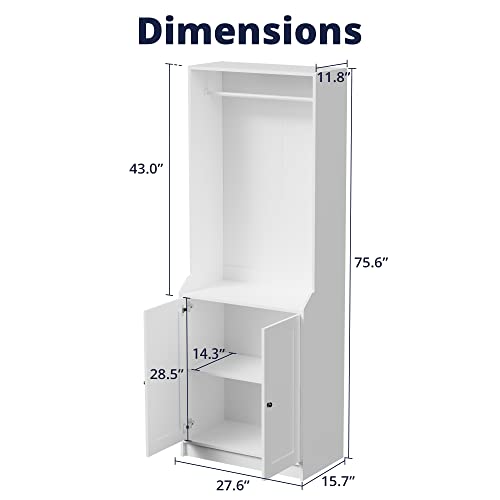 Cozy Castle Open Wardrobe Closet with 2 Doors, Clothing Garment Rack for Bedroom, Hall Tree Entryway Storage, 27.6" W x 15.7" D x 75.6" H, White