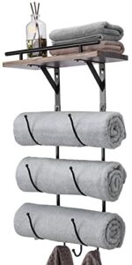 towel rack holder for bathroom wall mounted,metal towel racks with wooden shelf and 3 hooks,storage organizer for bath towel,beach towel,hand towel,washcloth,small towel