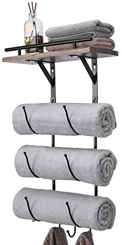 Towel Rack Holder for Bathroom Wall Mounted,Metal Towel Racks with Wooden Shelf and 3 Hooks,Storage Organizer for Bath Towel,Beach Towel,Hand Towel,Washcloth,Small Towel