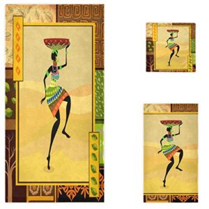 naanle ethnic african woman soft luxury decorative set of 3 towels, 1 bath towel+1 hand towel+1 washcloth, multipurpose for bathroom, hotel, gym, spa and kitchen