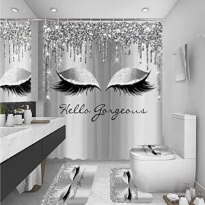 xvwj hello gorgeous eyelash shower curtain set with rugs toilet lid cover and bath mat, waterproof fabric bathroom shower curtains and hooks, stylish silver bathroom decor shower curtains