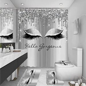 XVWJ Hello Gorgeous Eyelash Shower Curtain Set with Rugs Toilet Lid Cover and Bath Mat, Waterproof Fabric Bathroom Shower Curtains and Hooks, Stylish Silver Bathroom Decor Shower Curtains