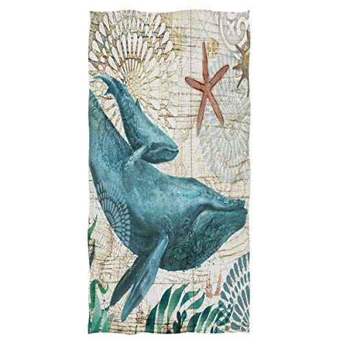 Pfrewn Whale Sea Starfish Retro Map Hand Towels 16x30 in Fish Scale Thin Bathroom Towel Ultra Soft Highly Absorbent Small Bath Towel Bathroom Decor Gifts