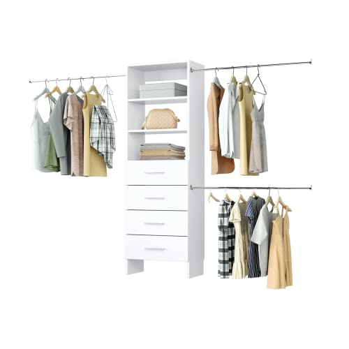 Closet Shelves Tower With Drawers & Hanging Closet Kit - Built In Closet Organizer System - Corner Closet System - Closet Organizers And Storage Shelves - Closet Shelving - Expands From 52" - 120" (ETW-DR4-25.5)