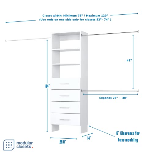 Closet Shelves Tower With Drawers & Hanging Closet Kit - Built In Closet Organizer System - Corner Closet System - Closet Organizers And Storage Shelves - Closet Shelving - Expands From 52" - 120" (ETW-DR4-25.5)