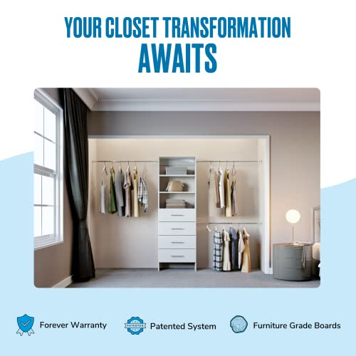 Closet Shelves Tower With Drawers & Hanging Closet Kit - Built In Closet Organizer System - Corner Closet System - Closet Organizers And Storage Shelves - Closet Shelving - Expands From 52" - 120" (ETW-DR4-25.5)