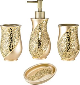 zahari home 4pc sinatra stylish bathroom accessories set champagne gold soap dispenser pump, tumbler, tooth brush holder and soap dish modern decor bling mosaic glass gold bathroom accessories
