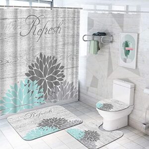 duobaorom 4 pieces set teal and grey flower shower curtain set dahlia floral relax sign picture print on non-slip rugs toilet lid cover bath mat and bathroom curtain with 12 hooks 72x72inch