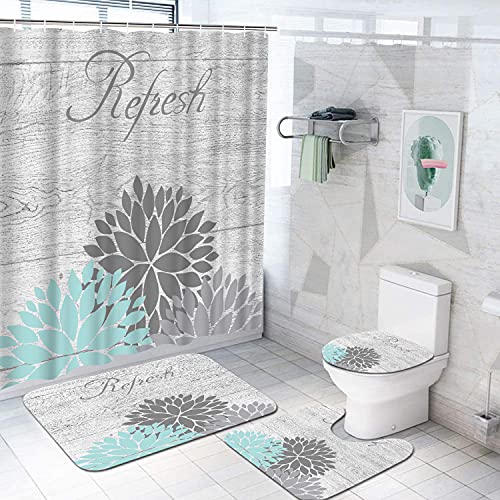 DuoBaorom 4 Pieces Set Teal and Grey Flower Shower Curtain Set Dahlia Floral Relax Sign Picture Print on Non-Slip Rugs Toilet Lid Cover Bath Mat and Bathroom Curtain with 12 Hooks 72x72inch