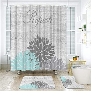 DuoBaorom 4 Pieces Set Teal and Grey Flower Shower Curtain Set Dahlia Floral Relax Sign Picture Print on Non-Slip Rugs Toilet Lid Cover Bath Mat and Bathroom Curtain with 12 Hooks 72x72inch