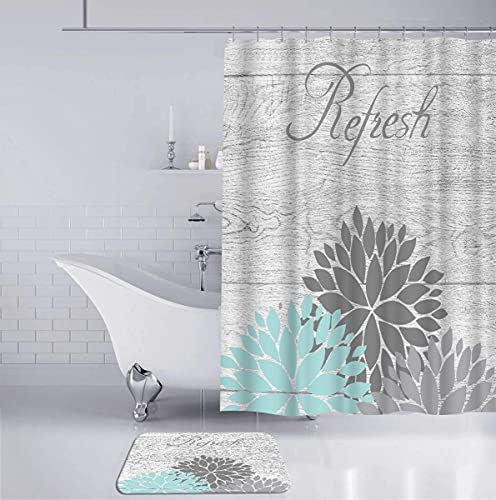 DuoBaorom 4 Pieces Set Teal and Grey Flower Shower Curtain Set Dahlia Floral Relax Sign Picture Print on Non-Slip Rugs Toilet Lid Cover Bath Mat and Bathroom Curtain with 12 Hooks 72x72inch