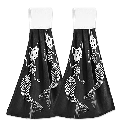 AUUXVA Kitchen Hand Towels 2 Pack Gothic Mermaid Skull Cat Hanging Tie Towels Quick Dry Absorbent Kitchen Towel Set with Loop for Bathroom Laundry Room Farmhouse Decor