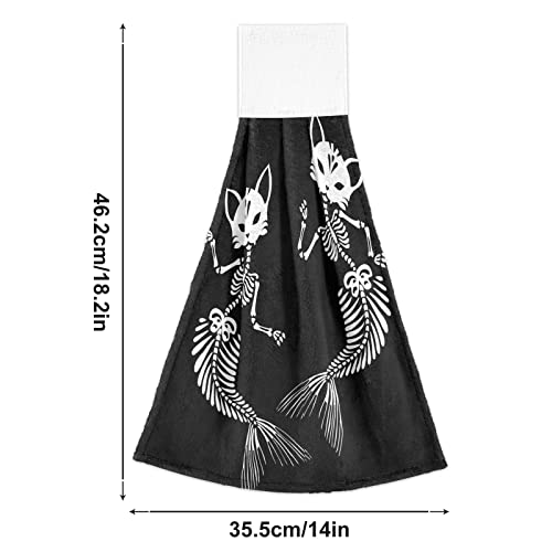 AUUXVA Kitchen Hand Towels 2 Pack Gothic Mermaid Skull Cat Hanging Tie Towels Quick Dry Absorbent Kitchen Towel Set with Loop for Bathroom Laundry Room Farmhouse Decor