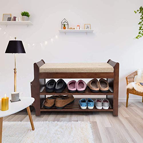 Bamboo Shoe Bench Rack With Removable Cushion, 2 Tier Entryway Shoe ...