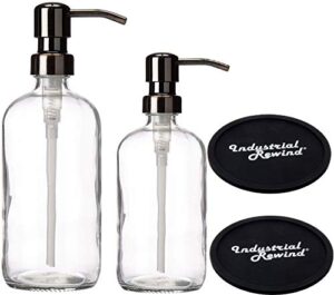 clear soap dispensers with gun metal soap pumps, 8oz and 16oz clear bottles. comes with non slip coaster/countertop protector