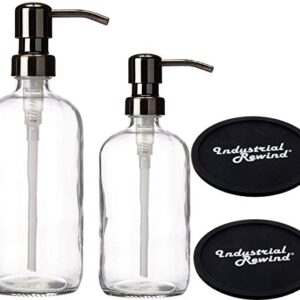 Clear Soap Dispensers with Gun Metal Soap Pumps, 8oz and 16oz Clear Bottles. Comes with Non Slip Coaster/Countertop Protector