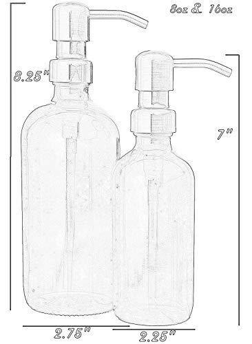 Clear Soap Dispensers with Gun Metal Soap Pumps, 8oz and 16oz Clear Bottles. Comes with Non Slip Coaster/Countertop Protector