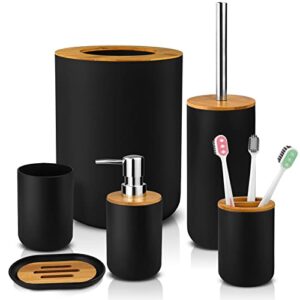 hommtina bamboo bathroom accessory set, 6 pcs bathroom essential includes toothbrush cup, toothbrush holder, soap dispenser, soap dish, toilet brush with holder, trash can, with 3 toothbrushes (black)