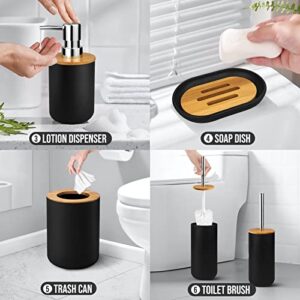 Hommtina Bamboo Bathroom Accessory Set, 6 Pcs bathroom essential Includes Toothbrush Cup, Toothbrush Holder, Soap Dispenser, Soap Dish, Toilet Brush with Holder, Trash Can, with 3 Toothbrushes (Black)