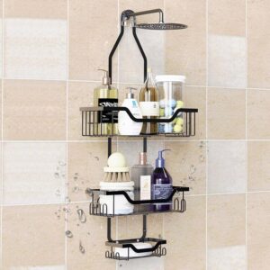 trusthere shower caddy, bathroom hanging shower organizer, over head shower caddy shower storage rack basket with hooks for towels, razor and sponge rustproof, metal black