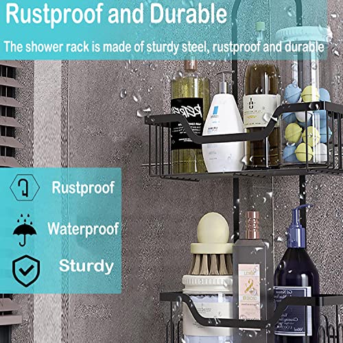 Trusthere Shower Caddy, Bathroom Hanging Shower Organizer, Over Head Shower Caddy Shower Storage Rack Basket with Hooks for Towels, Razor and Sponge Rustproof, Metal Black