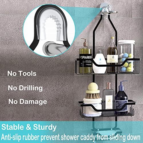 Trusthere Shower Caddy, Bathroom Hanging Shower Organizer, Over Head Shower Caddy Shower Storage Rack Basket with Hooks for Towels, Razor and Sponge Rustproof, Metal Black