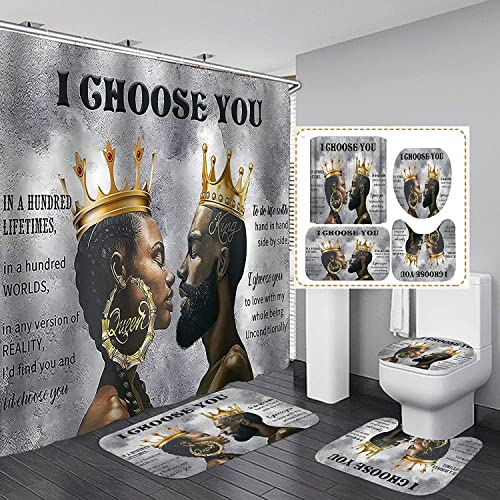 MrLYouth 4PCS African King and Queen Bathroom Shower Curtain Sets with Rugs Man 12 Hooks,Toilet Lid Cover ,Non-Slip Rug Bath Mat Starry Afro Girl Decor Sets, 71x71inch