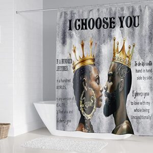 MrLYouth 4PCS African King and Queen Bathroom Shower Curtain Sets with Rugs Man 12 Hooks,Toilet Lid Cover ,Non-Slip Rug Bath Mat Starry Afro Girl Decor Sets, 71x71inch