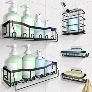 meinv 5 packs shower caddy shelves, black self adhesive shower shelf organizer with hooks and towel rod, wall mounted rustproof stainless steel inside shower racks no drilling for bathroom kitchen
