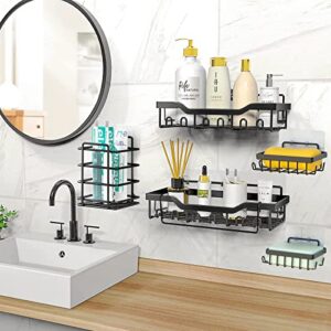 MEINV 5 Packs Shower Caddy Shelves, Black Self Adhesive Shower Shelf Organizer with Hooks and Towel Rod, Wall Mounted Rustproof Stainless Steel Inside Shower Racks No Drilling for Bathroom Kitchen