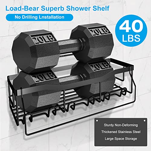 MEINV 5 Packs Shower Caddy Shelves, Black Self Adhesive Shower Shelf Organizer with Hooks and Towel Rod, Wall Mounted Rustproof Stainless Steel Inside Shower Racks No Drilling for Bathroom Kitchen