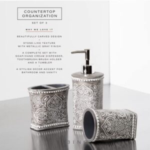 BINO Bathroom Accessories Set - Grey | Soap Dispenser | Toothbrush Holder | Tumbler | 3-Piece Bathroom Organizer Countertop Set | Bathroom Decor | Home Decor | Bathroom Set