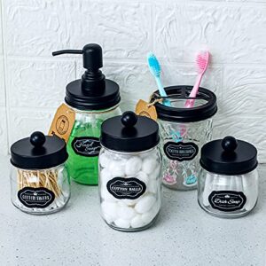Mason Jar Bathroom Accessories Set 5 Pcs-Bathroom Sets Includes Foaming Mason Jar Soap Dispenser, Toothbrush Holder, 3 Apothecary Jars, for Country Countertop Rustic Farmhouse Decor Organizer (Black)