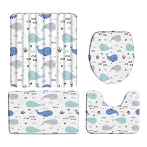 dsmeue 4 piece shower curtain sets with rugs,cartoon whale blue gray tropical fish seaweed funny sealife boys girls 70" x 70" bathroom curtain and 17.8"x29.5" bath mat,toilet cover, u-shaped