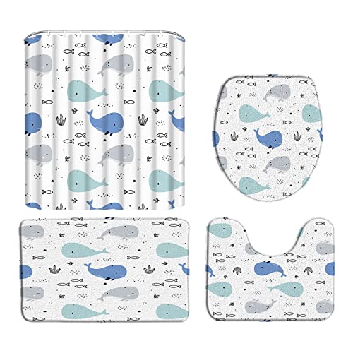 DSMEUE 4 Piece Shower Curtain Sets with Rugs,Cartoon Whale Blue Gray Tropical Fish Seaweed Funny Sealife Boys Girls 70" x 70" Bathroom Curtain and 17.8"x29.5" Bath Mat,Toilet Cover, U-Shaped