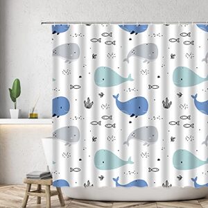 DSMEUE 4 Piece Shower Curtain Sets with Rugs,Cartoon Whale Blue Gray Tropical Fish Seaweed Funny Sealife Boys Girls 70" x 70" Bathroom Curtain and 17.8"x29.5" Bath Mat,Toilet Cover, U-Shaped