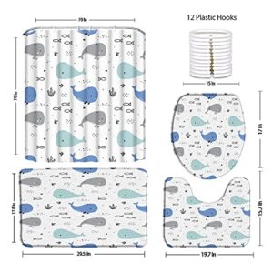 DSMEUE 4 Piece Shower Curtain Sets with Rugs,Cartoon Whale Blue Gray Tropical Fish Seaweed Funny Sealife Boys Girls 70" x 70" Bathroom Curtain and 17.8"x29.5" Bath Mat,Toilet Cover, U-Shaped