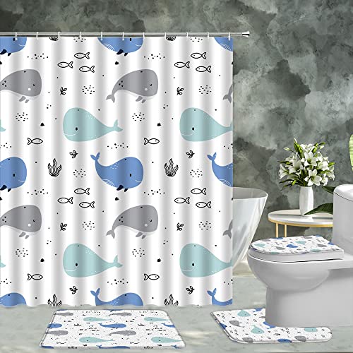 DSMEUE 4 Piece Shower Curtain Sets with Rugs,Cartoon Whale Blue Gray Tropical Fish Seaweed Funny Sealife Boys Girls 70" x 70" Bathroom Curtain and 17.8"x29.5" Bath Mat,Toilet Cover, U-Shaped