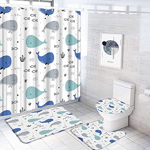 DSMEUE 4 Piece Shower Curtain Sets with Rugs,Cartoon Whale Blue Gray Tropical Fish Seaweed Funny Sealife Boys Girls 70" x 70" Bathroom Curtain and 17.8"x29.5" Bath Mat,Toilet Cover, U-Shaped