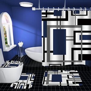 izayoi 4 pcs geometric shower curtain sets non-slip rugs bath mat, toilet cover, u-shaped mat, abstract modern shower curtain with 12 hooks, blue bathroom set