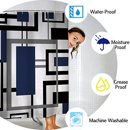 Izayoi 4 Pcs Geometric Shower Curtain Sets Non-Slip Rugs Bath Mat, Toilet Cover, U-Shaped Mat, Abstract Modern Shower Curtain with 12 Hooks, Blue Bathroom Set