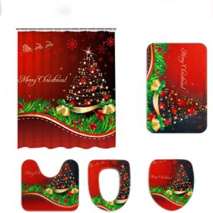 claswcalor 5 pcs merry christmas shower curtain sets with rugs, toilet lid cover, bath mat and toilet seat cover, waterproof xmas christmas tree shower curtains for bathroom with 12 hooks, red