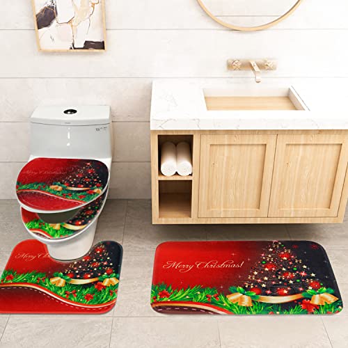 Claswcalor 5 Pcs Merry Christmas Shower Curtain Sets with Rugs, Toilet Lid Cover, Bath Mat and Toilet Seat Cover, Waterproof Xmas Christmas Tree Shower Curtains for Bathroom with 12 Hooks, Red