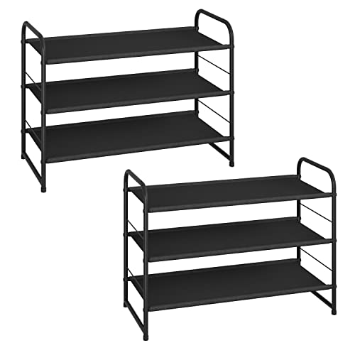 Simple Trending 2 Pack 3-Tier Stackable Shoe Rack, Expandable & Adjustable Fabric Shoe Shelf Storage Organizer, Black