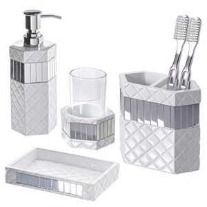 creative scents white bathroom accessories set - decorative 4 piece bathroom set - mirrored bathroom accessory set includes: soap dispenser, toothbrush holder, tumbler & soap dish (quilted mirror)