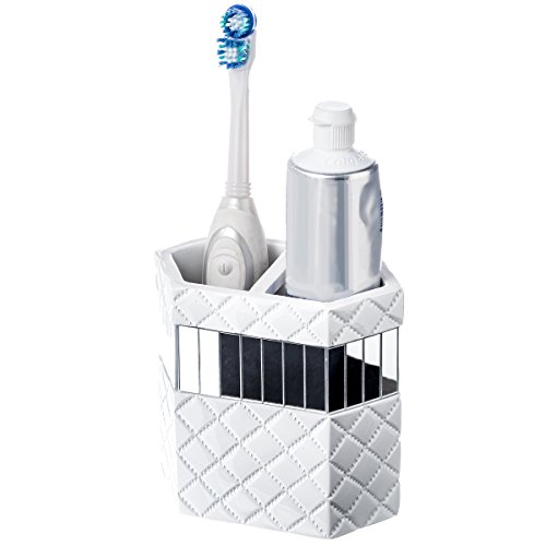 Creative Scents White Bathroom Accessories Set - Decorative 4 Piece Bathroom Set - Mirrored Bathroom Accessory Set Includes: Soap Dispenser, Toothbrush Holder, Tumbler & Soap Dish (Quilted Mirror)
